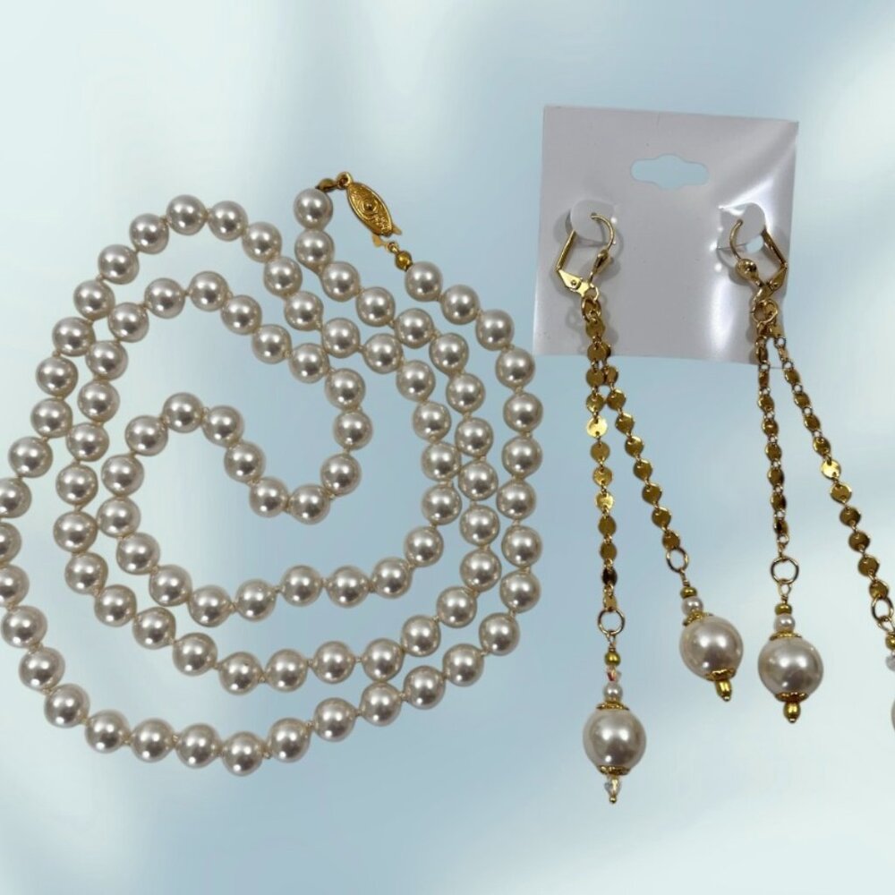 35" Long White Glass 8mm Pearl Necklace & Large 12mm Shoulder Length Earrings